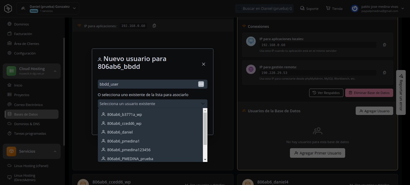 Usuarios y detalles de base de datos