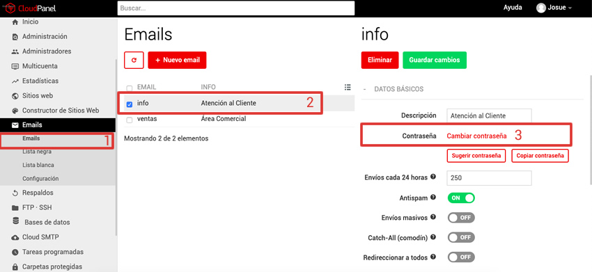 Cambiar contraseña correo Cloud Panel