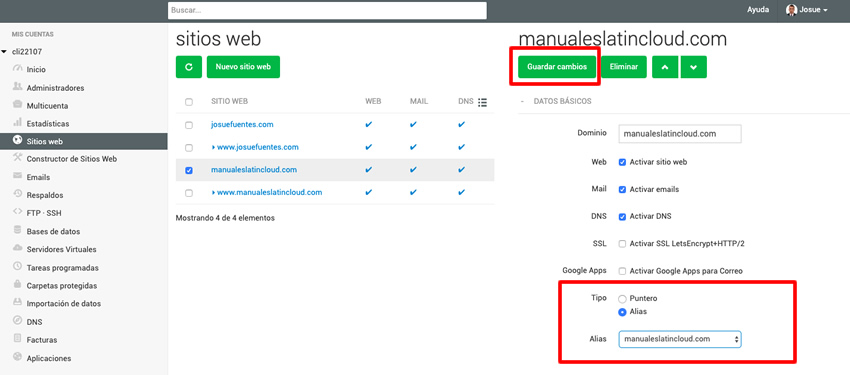 Alias de dominio en Cloud Panel